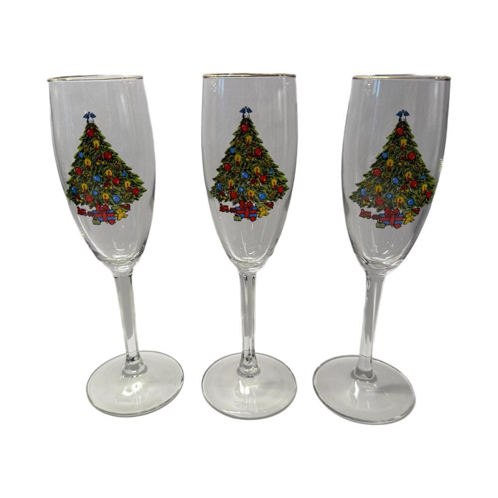 Set of 3 Vintage Carlton Christmas Tree Glass Champagne Glasses 1988